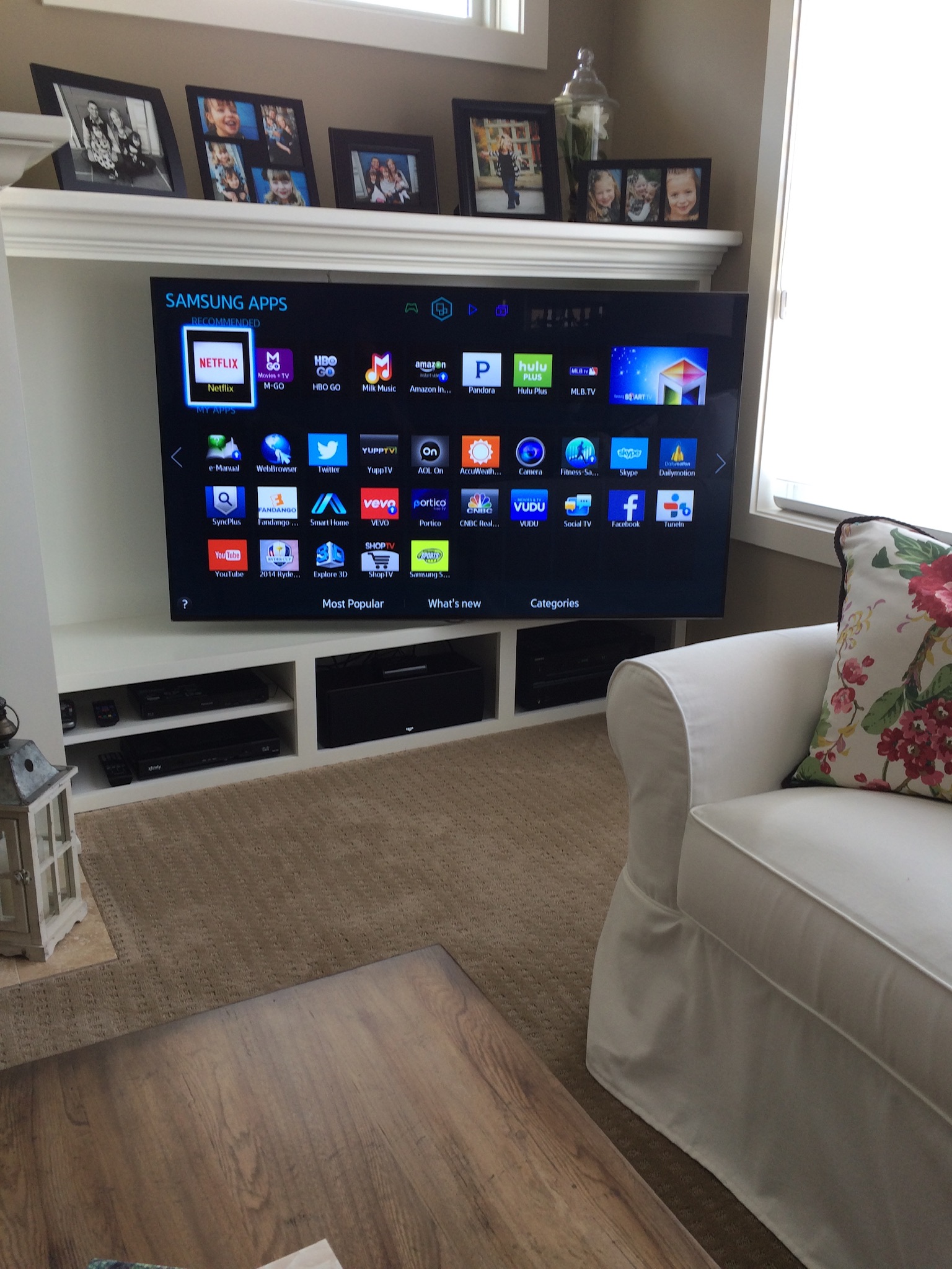 Mounted TV with clean cable management.